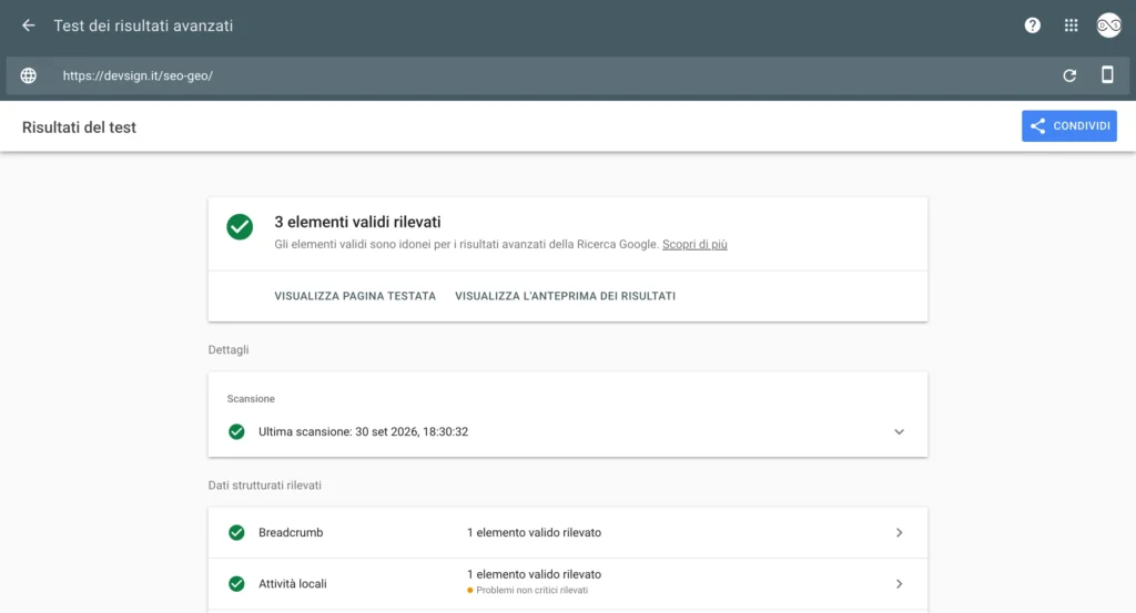 Test dei risultati avanzati di Google sulla pagina SEO e GEO di devsign.it, da smartphone, 30 settembre 2026: 3 elementi validi rilevati, fra cui Breadcrumb e Attività locali.